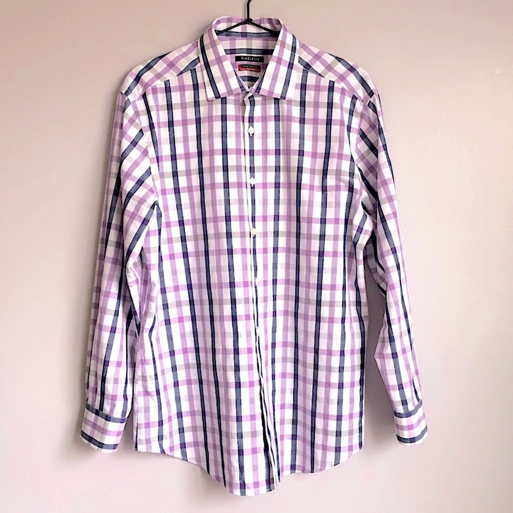 Van Heusen Plaid Stretch Slim Fit Flex Collar Button Down Dress Shirt 32/33